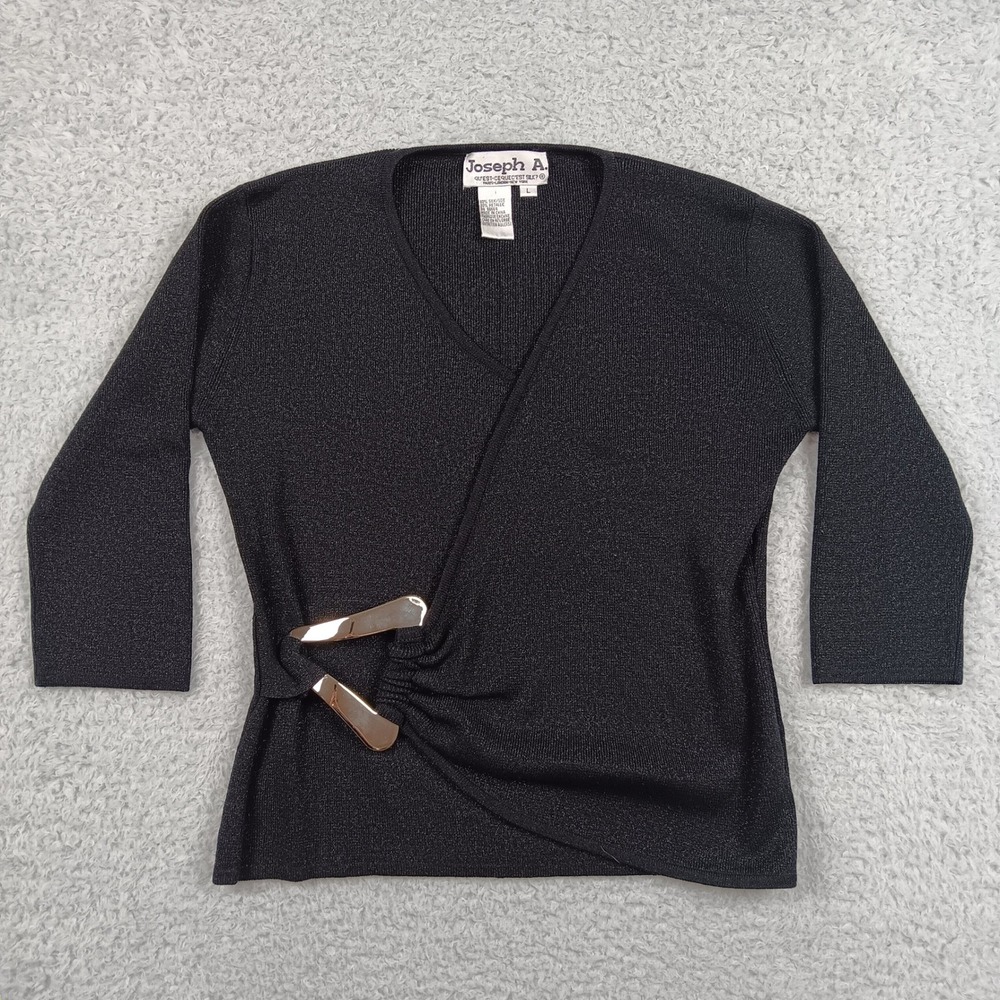 Joseph A. Sweater Top Women L Black Silk Metallic Wrap Buckle RN 88654